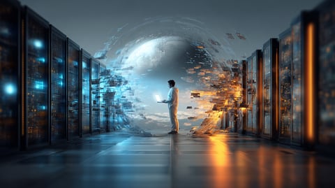 Centro de procesamiento de datos, lleno de servidores y luces