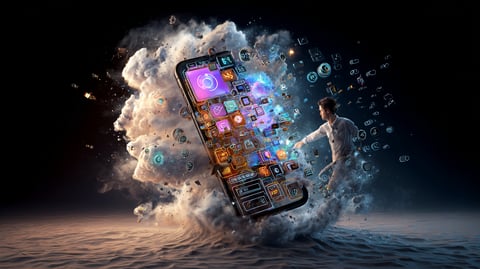 Teléfono móvil con imagen multicolor saliendo de su pantalla