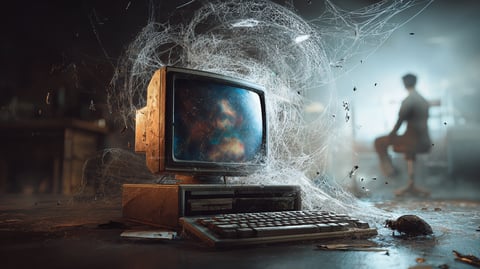 Ordenador antiguo, lleno de polvo y telarañas