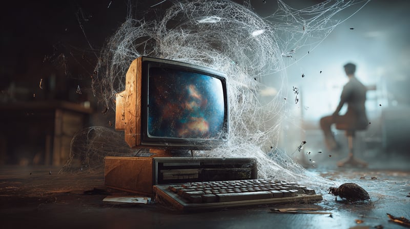 Ordenador antiguo, lleno de polvo y telarañas