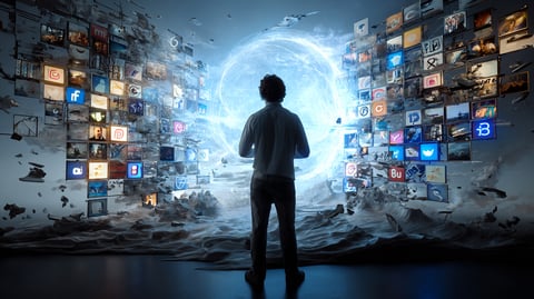 Hombre de espaldas mirando una pantalla con logotipos de redes sociales