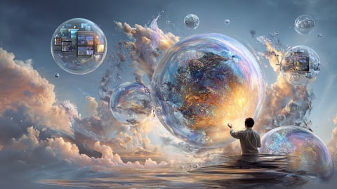 Imagen con pequeños mundos en burbujas flotando en el cielo