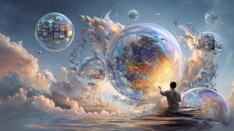 Imagen con pequeños mundos en burbujas flotando en el cielo