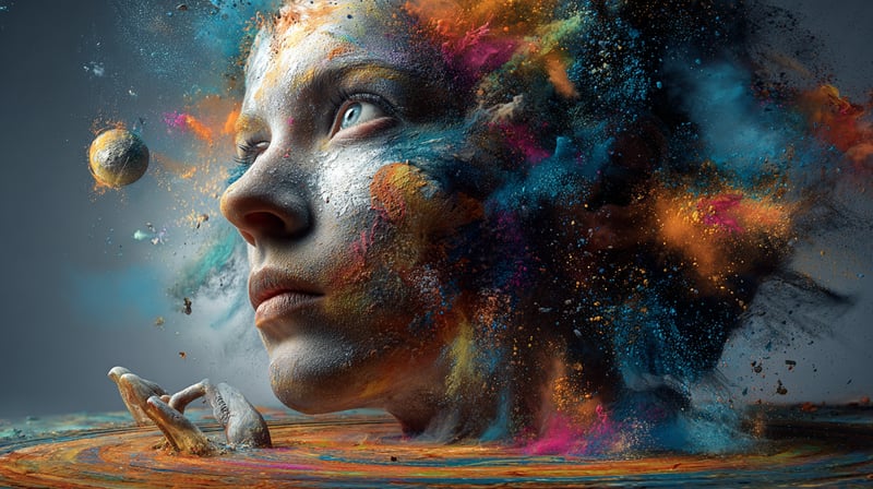 Cara de una mujer con estallidos de color sobre su rostro