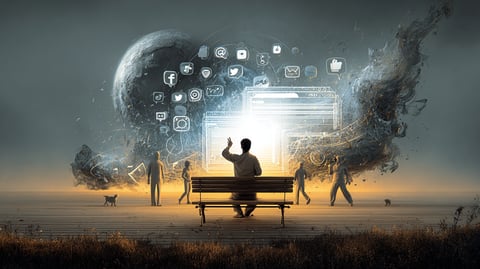 Varias personas sentadas en un banco los logotipos de redes sociales en el fondo de la imagen