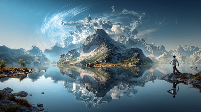 Imagen de un paisaje imaginario, con las montañas reflejándose en un gran lago