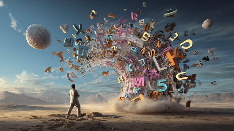 Letras aleatorias de gran tamaño flotando en el cielo de un mundo imaginario