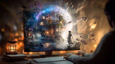 Pantalla de un ordenador mostrando un mundo de fantasía