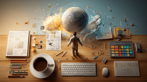 Escritorio con una taza de café, un poster publicitario y numerosos accesorios de oficina