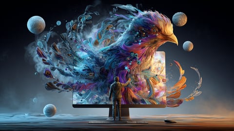 Pájaro con plumas de colores saliendo de la pantalla de un ordenador