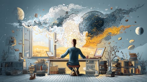 Hombre sentado rodeado de ordenadores y libros con una ventana abierta a las ideas