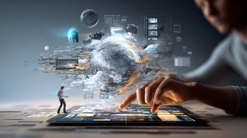 Hombre tocando la pantalla táctil de un ordenador portátil, arrastrando elementos que componen una imagen