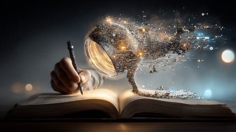 Mano escribiendo texto en un libro abierto