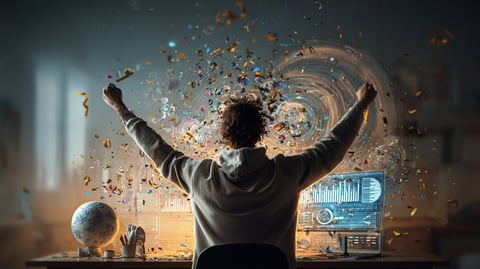 Hombre celebrando su éxito delante de su ordenador portátil