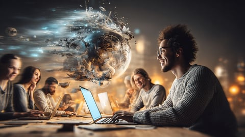 Grupo de personas de diferentes etnias, sexos y edades sentados alrededor de una mesa