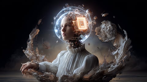 Busto de una mujer cuyo cerebro ha sido reemplazado por un ordenador