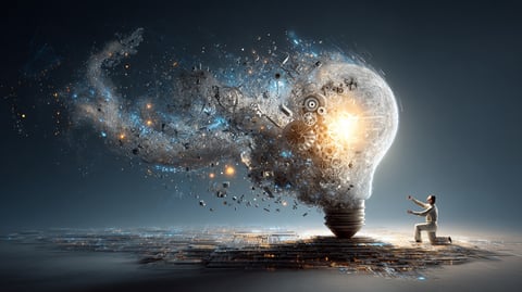 Bombilla explotando y lanzando ideas al espacio