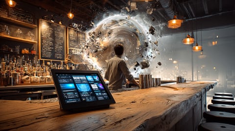 Imagen de un bar con un mostrador, varios taburetes y pizarras con información de productos y precios