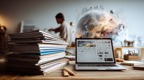 Montones de revistas sobre un escritorio, ordenado y organizado