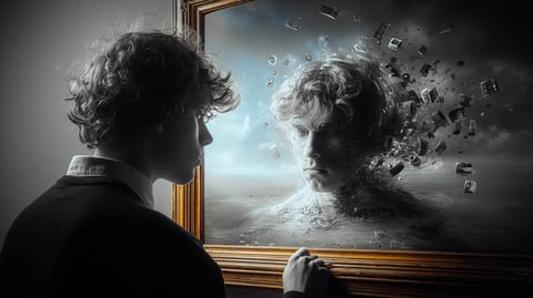 Un hombre joven mirándose al espejo, pero su reflejo es una especie de monstruo