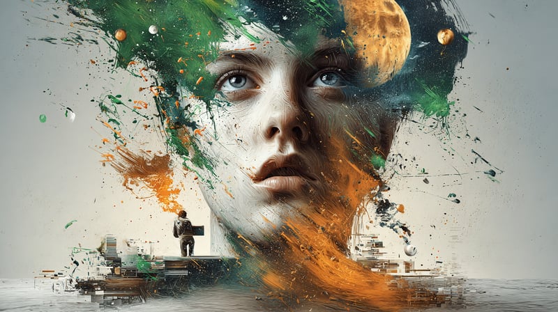 Pintura del rostro de una persona salpicada de emociones, con fondo en tonos verdes y naranjas