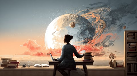 Hombre estudiando en una mesa de despacho y con la mirada perdida en el horizonte