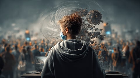 Hombre con el rostro oculto por una máscara y dando la espalda a una multitud