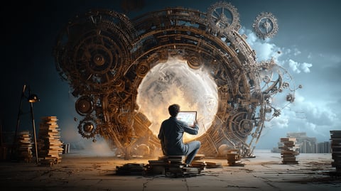 Dibujo de un hombre sentado delante de un reloj enorme con muchos engranajes que hacen funcionar su trabajo