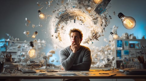Hombre sentado en un escritorio, pensando y varias bombillas encendiéndose a su alrededor