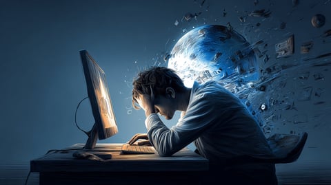 Un hombre adormilado y exhausto delante de la pantalla de su ordenador