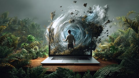 Un ordenador en mitad de la jungla y mostrando imágenes de naturaleza