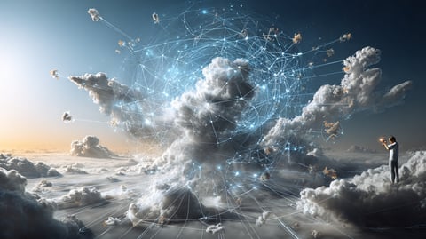 Cielo con nubes, interconectadas mediante líneas de flujo y un diagrama de red