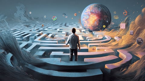 Hombre en el interior de un laberinto intentando elegir el camino correcto