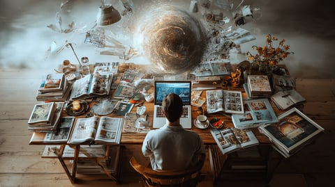 Mesa llena de revistas y un ordenador portátil