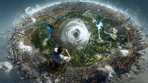 Ciudad urbanizada en torno al planeta tierra, con gran respeto de las zonas verdes y la naturaleza