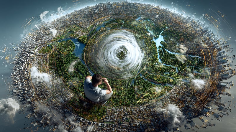 Ciudad urbanizada en torno al planeta tierra, con gran respeto de las zonas verdes y la naturaleza