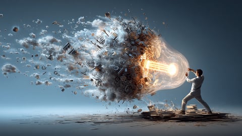 Hombre haciendo estallar una bombilla llena de ideas