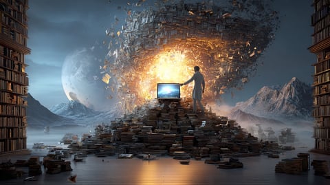 Una montaña de libros en el centro de una biblioteca