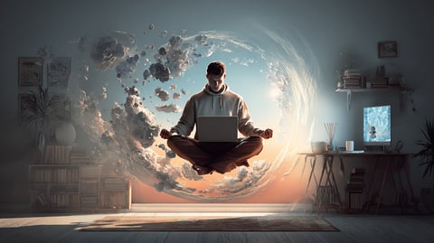 Hombre levitando en mitad de la habitación mientras usa su ordenador portátil