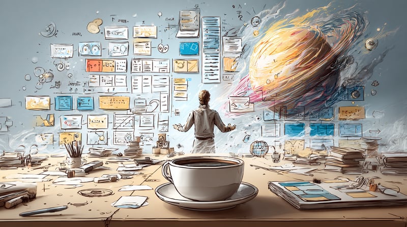 Diagrama con cientos de opciones sobre un escritorio junto a una taza de café