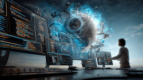 Varias pantallas de ordenador mostrando líneas y líneas de código