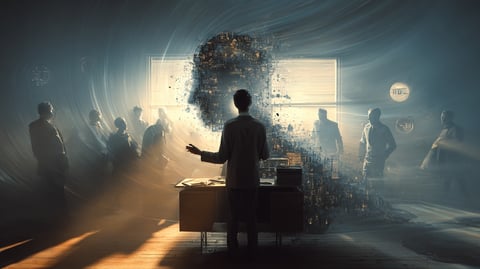 Persona hablando on otro grupo de personas en una oficina con actitud de contar mentiras y tergiversar la realidad