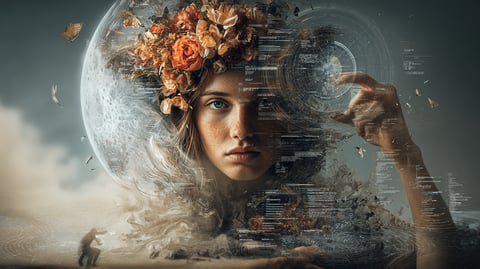 Diseño de una página web centrado un una fotografía central de una mujer con flores en el pelo