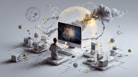 Ilustración de un ordenador y varios periféricos utilizando software open source