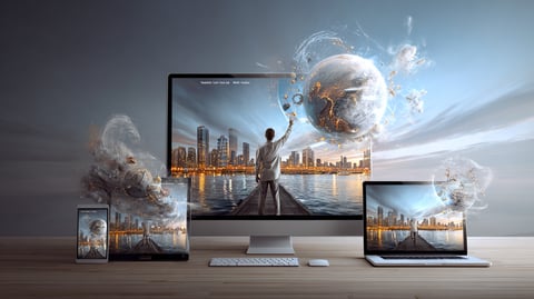 Una misma página web visualizándose en una televisión, un ordenador portátil, una tablet y un smartphone