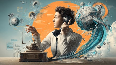 Un poster antiguo de una mujer usando un teléfono