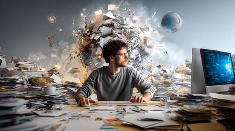 Desarrollador web sentado en su escritorio y abrumado por una cantidad enorme de papeles, proyectos, accesorios, etc...