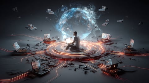 Diagrama de internet, con un ordenador portátil en el centro y multitud de dispositivos conectados