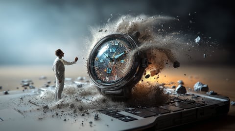Un reloj de arena digital desmoronándose sobre la pantalla de un portátil