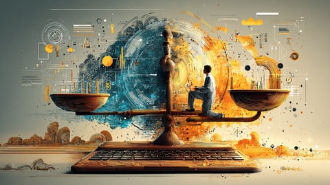 Una balanza digital que pesa por un lado las funcionalidades de una web y por otro su rendimiento y privacidad